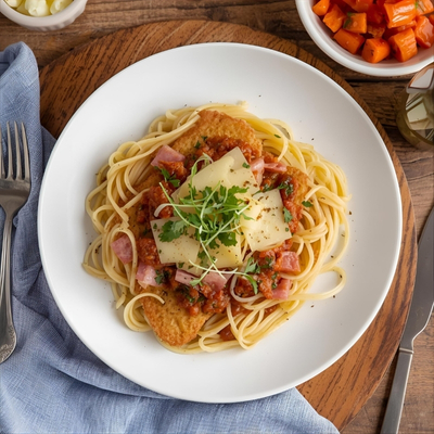 Paniertes Schnitzel mit Bolognesesauce